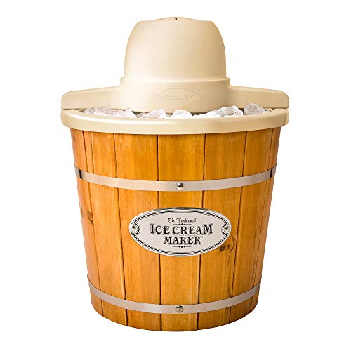 Nostalgia Electric Ice Cream Maker, Old Fashioned Bucket Style Ice Cream Machine Makes 4-Quarts of Ice Cream, Frozen Yogurt or Gelato in Minutes, Made from Real Wood, Brown