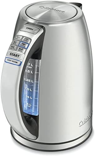 Cuisinart CPK-17P1 Electric Cordless Tea Kettle, 1.7-Liter Capacity with 1500-Watts for Fast Heat Up, Blue Backlit Water Window and Stay Cool Non-Slip Handle, Stainless Steel