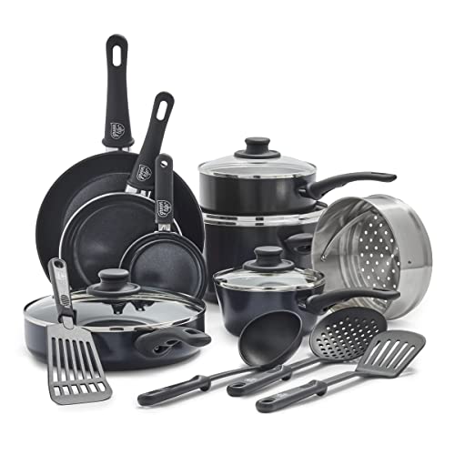 GreenLife Soft Grip Diamond Healthy Ceramic Nonstick, 16 Piece Cookware Pots and Pans Set, PFAS-Free, Dishwasher Safe, Black