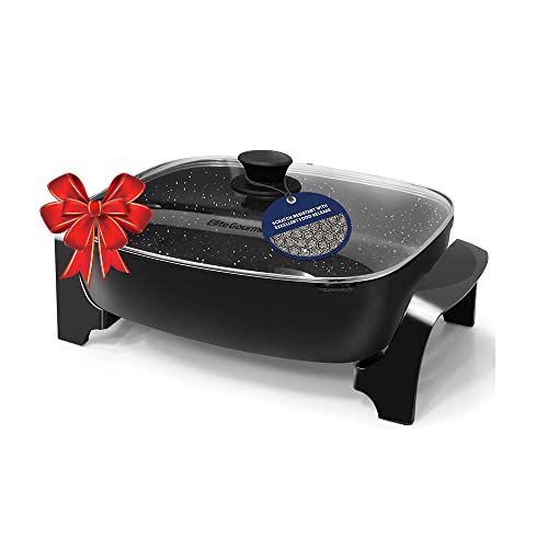 Elite Gourmet EG-6203# Extra Deep 16"x13"x3.2" (10.5Qt.) Scratch Resistant, Easy Pour Spout Dishwasher Safe, Non-stick Electric Skillet with Glass Vented Lid, Adjustable Temperature, Black