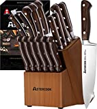 Knife Set, 15 Pcs Kitchen Knife Set With Block, Astercook German Stainless Steel With Scissors, Knife Sharpener and 6 Serrated Steak Knives